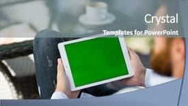  Presentation with employee working in industry - Amazing presentation theme having shoulder view of busy bearded employee working with digital tablet while sitting on cane armchair in sunny outdoor cafe backdrop and a gray colored foreground