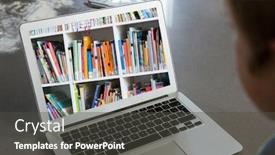  Presentation with shoulder - PPT theme with shoulder view of man working with laptop with image of books on shelves background and a dark gray colored foreground