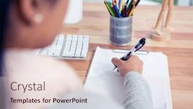  Presentation with white sheet - Slide set featuring shoulder view of woman writing on white sheet in office background and a lemonade colored foreground