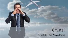  Presentation with peaceful - PPT theme with shouting businessman against peaceful water and sky background and a light gray colored foreground