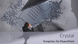  Presentation with circuit - Presentation design with shouting businessman against splash showing circuit board background and a light gray colored foreground
