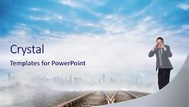 Presentation with tracks - PPT layouts having shouting businessman against train tracks leading to city on the horizon background and a sky blue colored foreground
