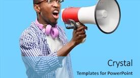  Presentation with black women student - Colorful PPT theme enhanced with shouting loud holding a megaphone backdrop and a light blue colored foreground