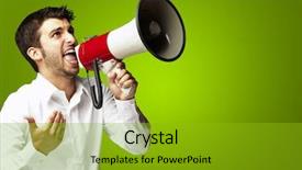  Presentation with green officebuilding man - Presentation design consisting of shouting with megaphone over green background and a gold colored foreground