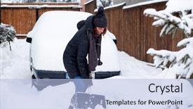  Presentation with car cleaning - Colorful PPT layouts enhanced with shoveling removing snow after blizzard backdrop and a light blue colored foreground