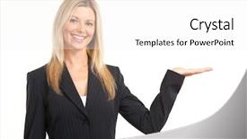  Presentation with young business woman smile show - Slide deck enhanced with show hand - smiling business woman isolated background and a white colored foreground