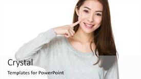  Presentation with asian - Colorful presentation design enhanced with show hand - young asian woman smile backdrop and a  colored foreground