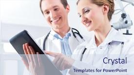  Presentation with female - Audience pleasing presentation consisting of show on their tablet computer backdrop and a sky blue colored foreground