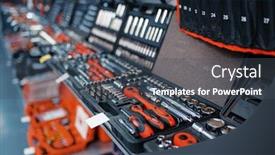  Presentation with convenient store - Presentation theme with showcase-with-toolboxes-in-tool background and a dark gray colored foreground