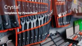  Presentation with large retail store - Beautiful presentation design featuring showcase-with-wrenches-kits backdrop and a tawny brown colored foreground