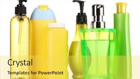  Presentation with personal care products - Slides with shower gel - lot of different cosmetic products background and a yellow colored foreground