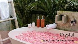  Presentation with beauty products - Beautiful presentation design featuring showers flowers - bath tub with flower petals backdrop and a coral colored foreground