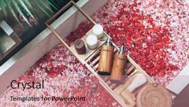  Presentation with beauty products - Presentation design enhanced with showers flowers - bathtub with flower petals background and a coral colored foreground