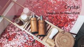  Presentation with beauty products - Audience pleasing theme consisting of showers flowers - bathtub with flower petals backdrop and a coral colored foreground
