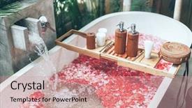  Presentation with tub - Theme with showers flowers - cosmetic products on bath tub background and a coral colored foreground