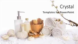  Presentation with handmade spa bath soap - Audience pleasing presentation theme consisting of showers flowers - spa bath setting with cherry backdrop and a white colored foreground