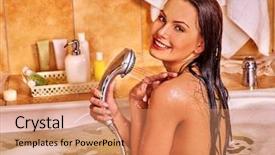  Presentation with take - Presentation theme featuring showers flowers - young happy wet woman take background and a coral colored foreground