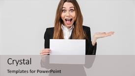  Presentation with portrait of excited overjoyed female - Slides enhanced with showing blank piece of paper background and a light gray colored foreground