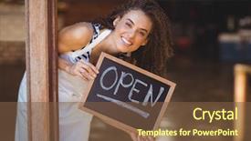  Presentation with open an account - Colorful presentation theme enhanced with showing chalkboard with open sign backdrop and a tawny brown colored foreground