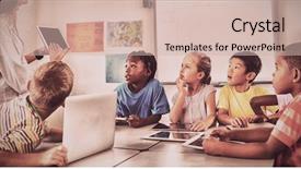  Presentation with listening - Slide set with showing digital tablet in classroom background and a soft green colored foreground