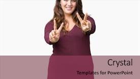  Presentation with plus size fashion model - PPT layouts enhanced with showing fingers doing victory sign background and a violet colored foreground