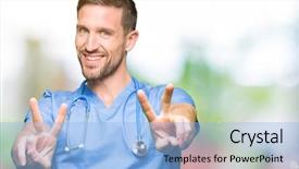  Presentation with medical smiling doctor - Presentation with showing fingers doing victory sign background and a  colored foreground
