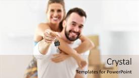  Presentation with new home - Audience pleasing PPT layouts consisting of showing happy adult couple moving backdrop and a  colored foreground