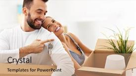  Presentation with new home - Beautiful slides featuring showing happy adult couple moving backdrop and a  colored foreground