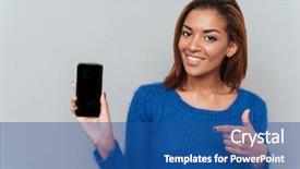  Presentation with dark blue gray - Slide set consisting of showing her finger at phone background and a ocean colored foreground