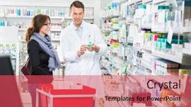  Presentation with male pharmacist - Presentation design consisting of showing medicine to female customer background and a red colored foreground