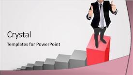  Presentation with business man climbs up to the top of 3d success stairs steps - Theme having showing ok sign on top background and a  colored foreground