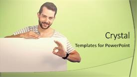  Presentation with cardboard - Audience pleasing PPT theme consisting of showing ok sign while holding backdrop and a  colored foreground