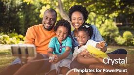  Presentation with doctor taking care of family - Slide deck featuring showing touch screen - happy family taking picture background and a  colored foreground