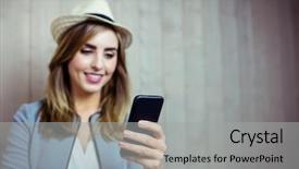  Presentation with touch screen - PPT theme consisting of showing touch screen - pretty woman using smartphone background and a light gray colored foreground