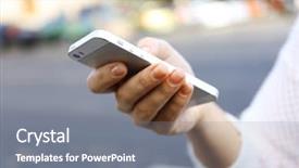  Presentation with smartphone - PPT theme enhanced with showing touch screen - woman holding smartphone outside background and a  colored foreground