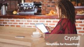  Presentation with touch screen - Beautiful PPT layouts featuring showing touch screen - woman using digital tablet backdrop and a coral colored foreground