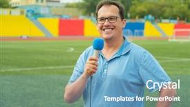  Presentation with broadcasting - Colorful slide deck enhanced with showreel - middle age man tv reporter backdrop and a teal colored foreground