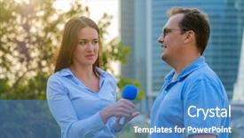  Presentation with journalism - Cool new presentation theme with tv journalism - young girl tv reporter interviews backdrop and a teal colored foreground