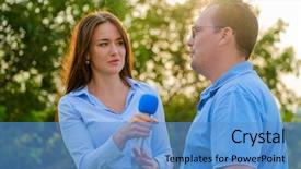 Presentation with journalism - Theme consisting of tv journalism - young girl tv reporter interviews background and a teal colored foreground