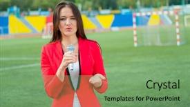 Presentation with journalism - Amazing PPT theme having tv journalism - young girl tv reporter is backdrop and a seafoam green colored foreground