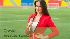  Presentation with journalism - Cool new presentation theme with tv journalism - young girl tv reporter is backdrop and a seafoam green colored foreground