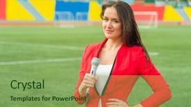  Presentation with broadcasting - Slides with showreel - young girl tv reporter is background and a seafoam green colored foreground