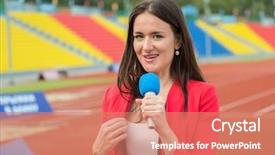  Presentation with broadcasting - Cool new PPT theme with showreel - young girl tv reporter is backdrop and a coral colored foreground