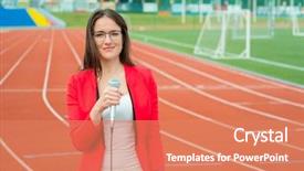  Presentation with broadcasting - Beautiful presentation theme featuring tv journalism - young girl tv reporter is backdrop and a coral colored foreground