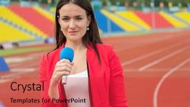  Presentation with broadcasting - Cool new PPT theme with tv journalism - young girl tv reporter is backdrop and a red colored foreground