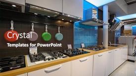  Presentation with kitchen appliance - Audience pleasing presentation design consisting of showroom-of-domestic-appliance-store backdrop and a tawny brown colored foreground