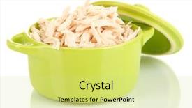  Presentation with white green - Presentation theme consisting of shredded boiled chicken in green pan isolated on white background and a soft green colored foreground