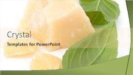  Presentation with shredded cheese - Colorful presentation theme enhanced with shredded parmesan cheese and basil leaf isolated on white background cutout backdrop and a blonde colored foreground