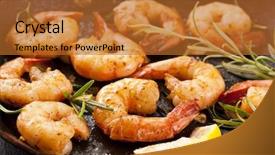  Presentation with lemon - Slides having shrimp - fried prawns with fresh rosmarin background and a red colored foreground