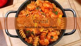  Presentation with pasta restaurant - Colorful slides enhanced with shrimp and fusilli pasta in metal pot in kitchen or restaurant backdrop and a gold colored foreground